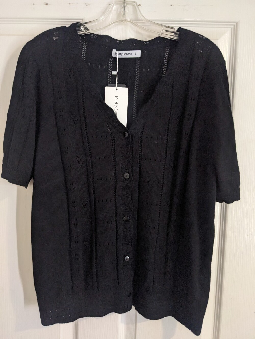 PrettyGarden Black Short-Sleeve Button-Down Knit Top